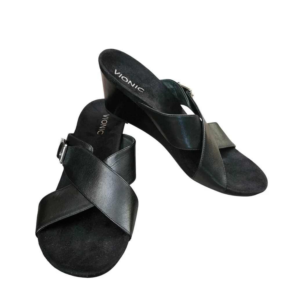 Vionic Libbie Black Leather Wedge Sandals Womens 10 Orthaheel Slide Buckle